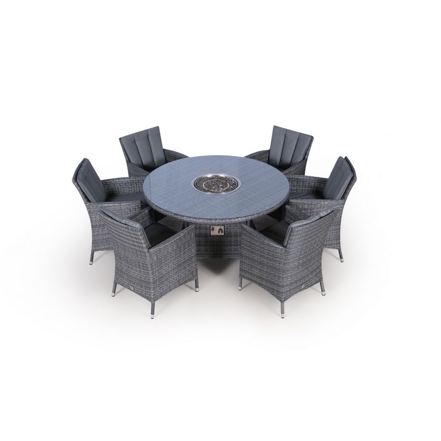 Savannah Fire Pit 6 Seater Round Rattan Dining Set - Grey