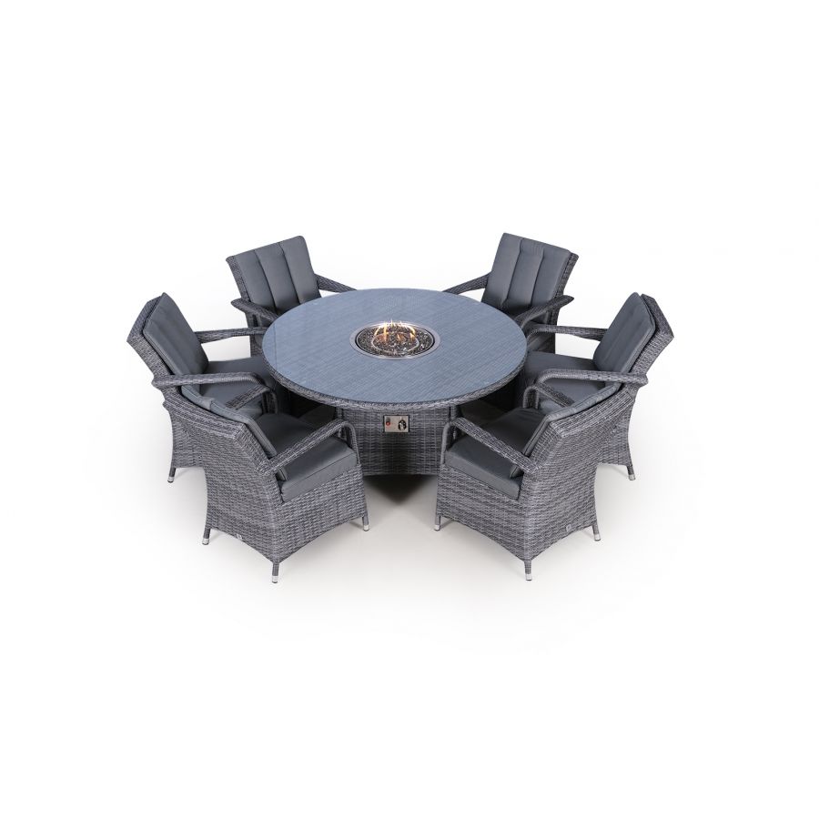 Arizona Fire Pit 6 Seater Round Rattan Dining Set - Grey