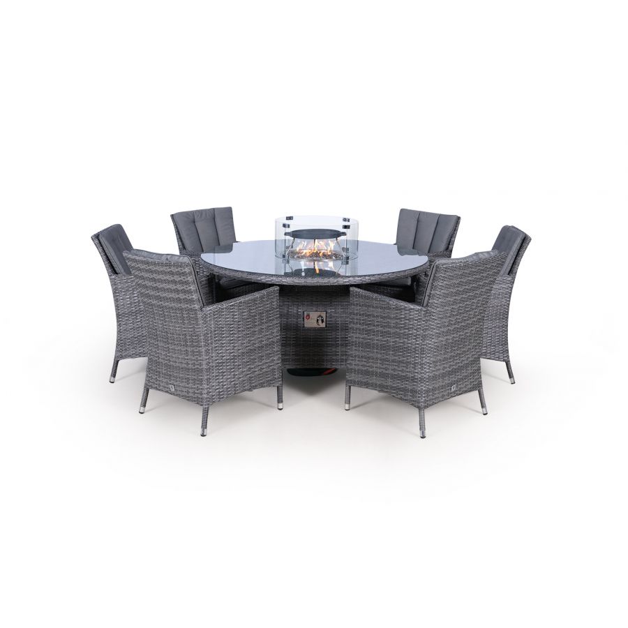 Savannah Fire Pit 6 Seater Round Rattan Dining Set - Grey