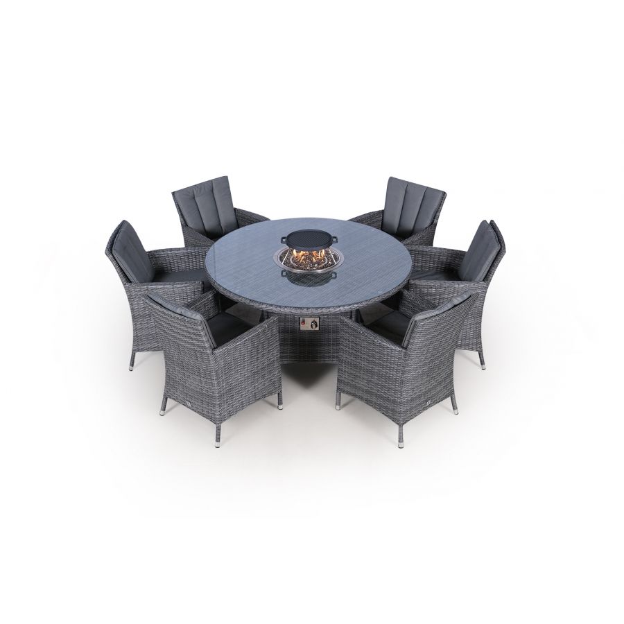 Savannah Fire Pit 6 Seater Round Rattan Dining Set - Grey