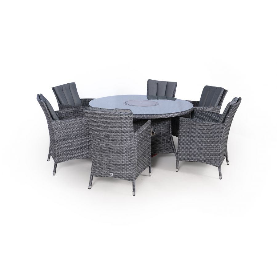 Savannah Fire Pit 6 Seater Round Rattan Dining Set - Grey