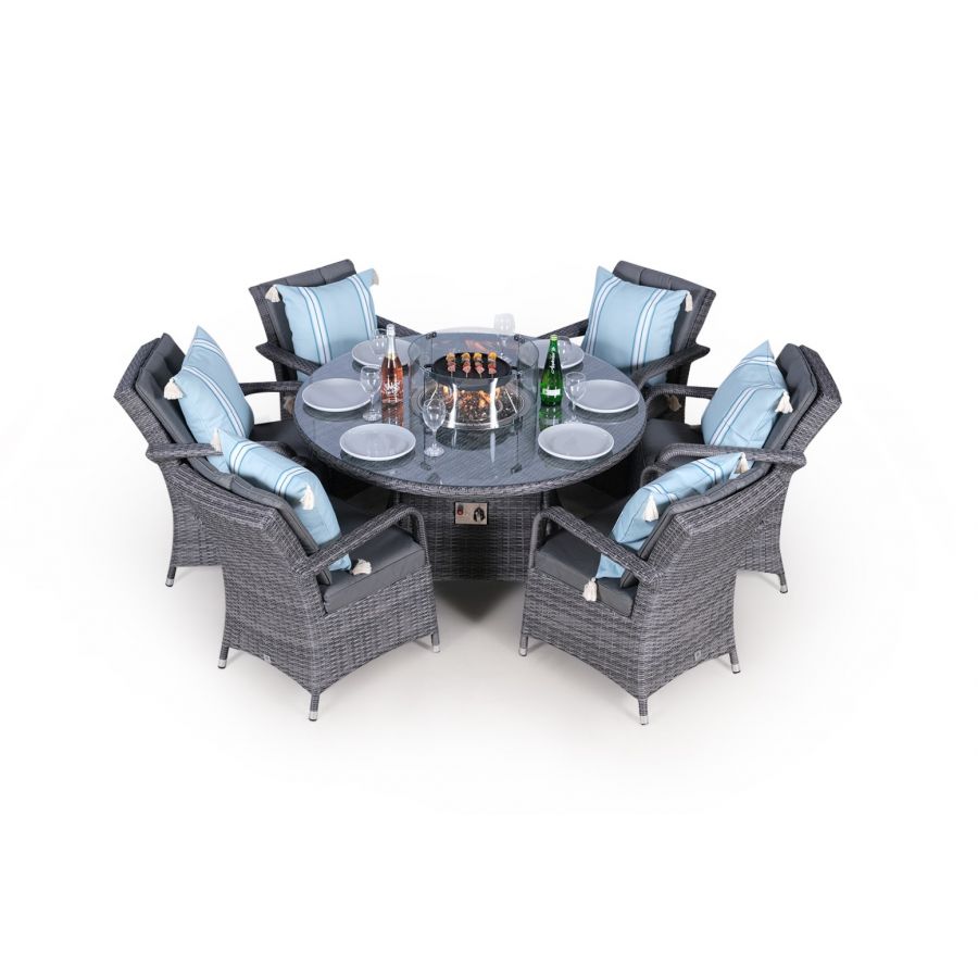 Arizona Fire Pit 6 Seater Round Rattan Dining Set - Grey