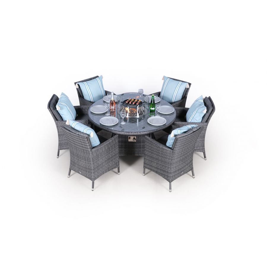 Savannah Fire Pit 6 Seater Round Rattan Dining Set - Grey