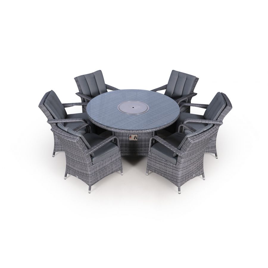 Arizona Fire Pit 6 Seater Round Rattan Dining Set - Grey