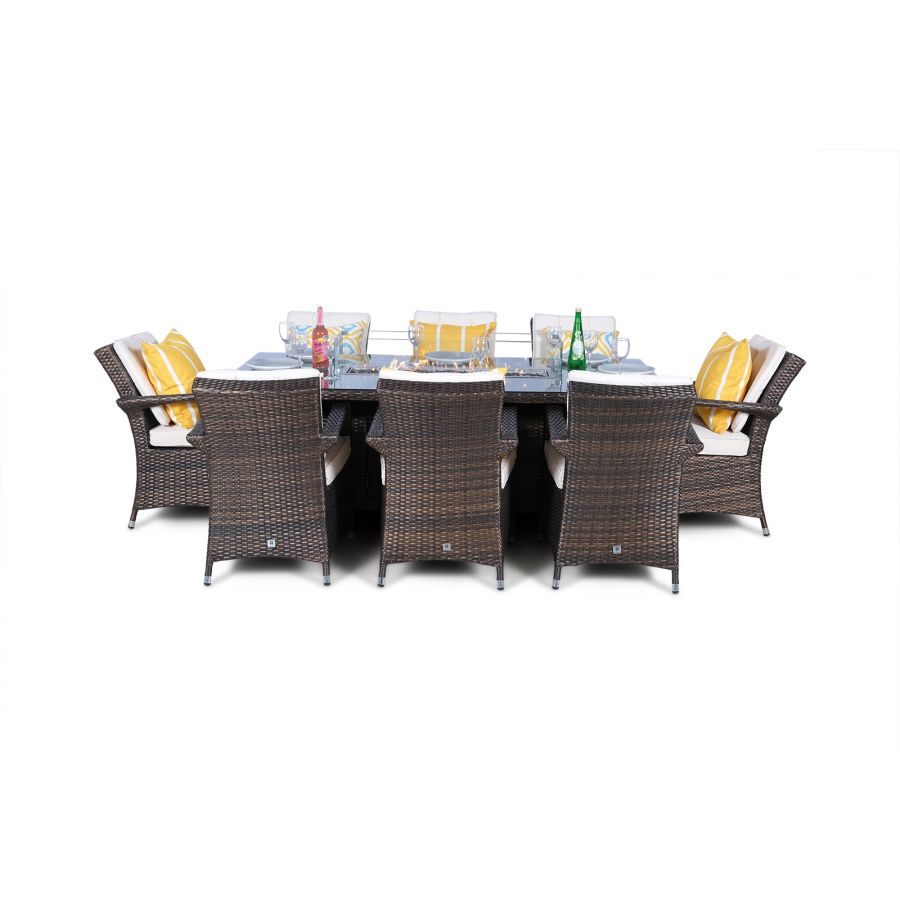 Arizona Fire Pit 8 Seater Rectangle Rattan Dining Set - Brown