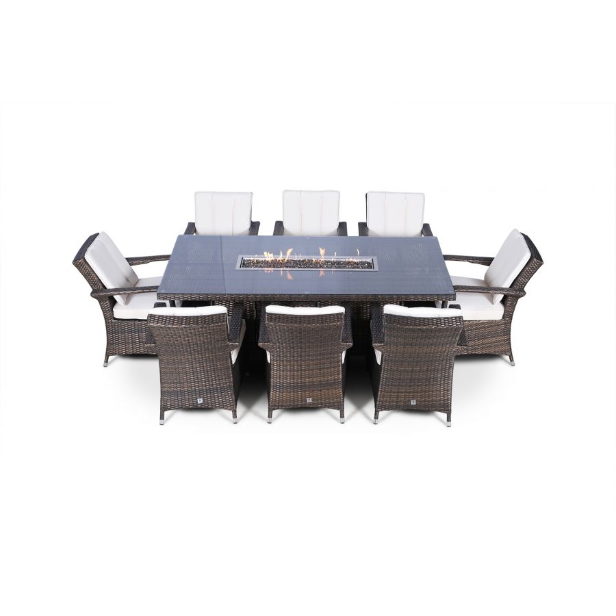 Arizona Fire Pit 8 Seater Rectangle Rattan Dining Set - Brown