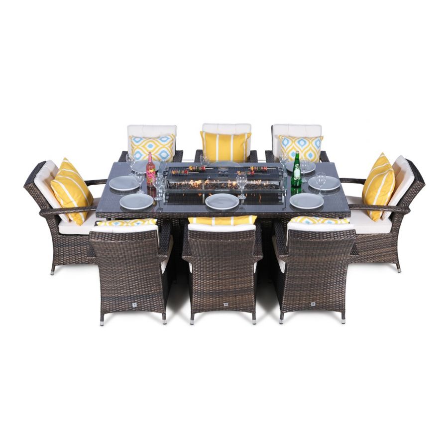 Arizona Fire Pit 8 Seater Rectangle Rattan Dining Set - Brown