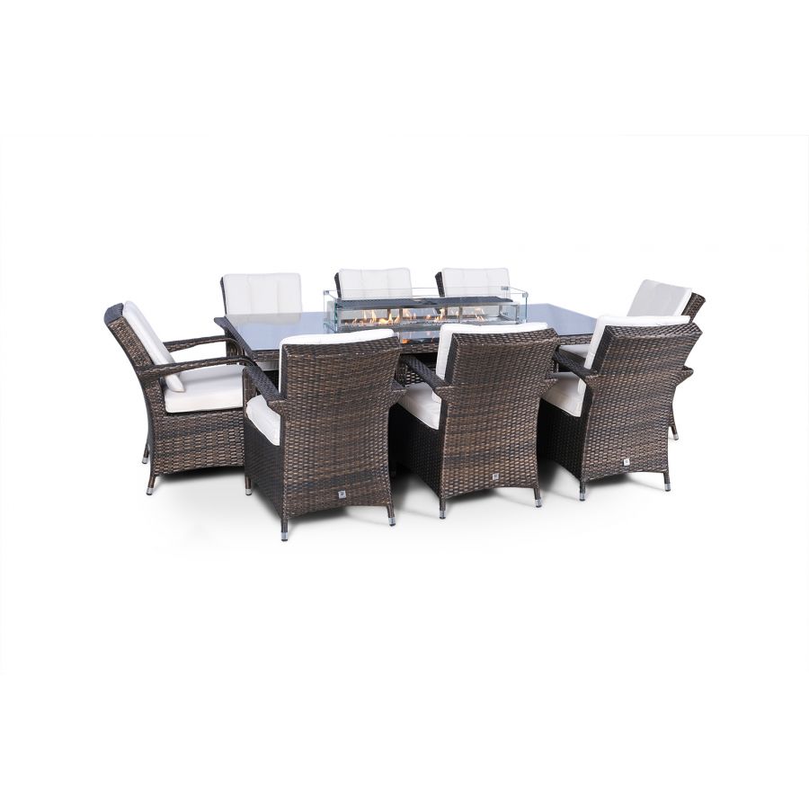 Arizona Fire Pit 8 Seater Rectangle Rattan Dining Set - Brown