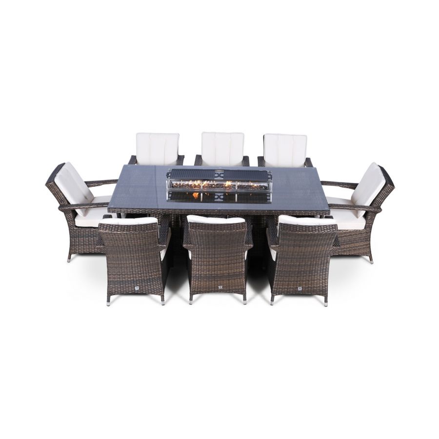 Arizona Fire Pit 8 Seater Rectangle Rattan Dining Set - Brown