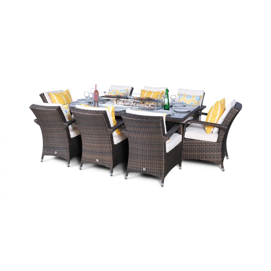 Arizona Fire Pit 8 Seater Rectangle Rattan Dining Set Brown Oak Furniture King