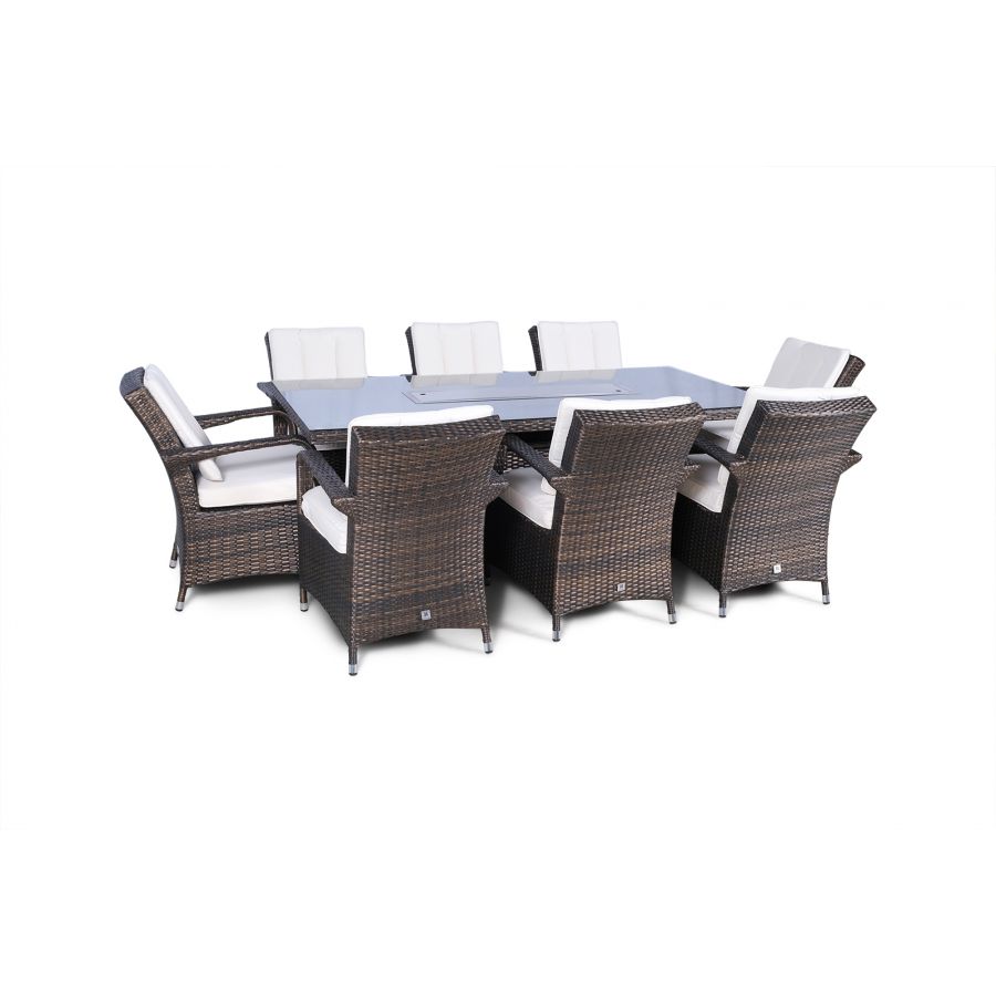 Arizona Fire Pit 8 Seater Rectangle Rattan Dining Set - Brown
