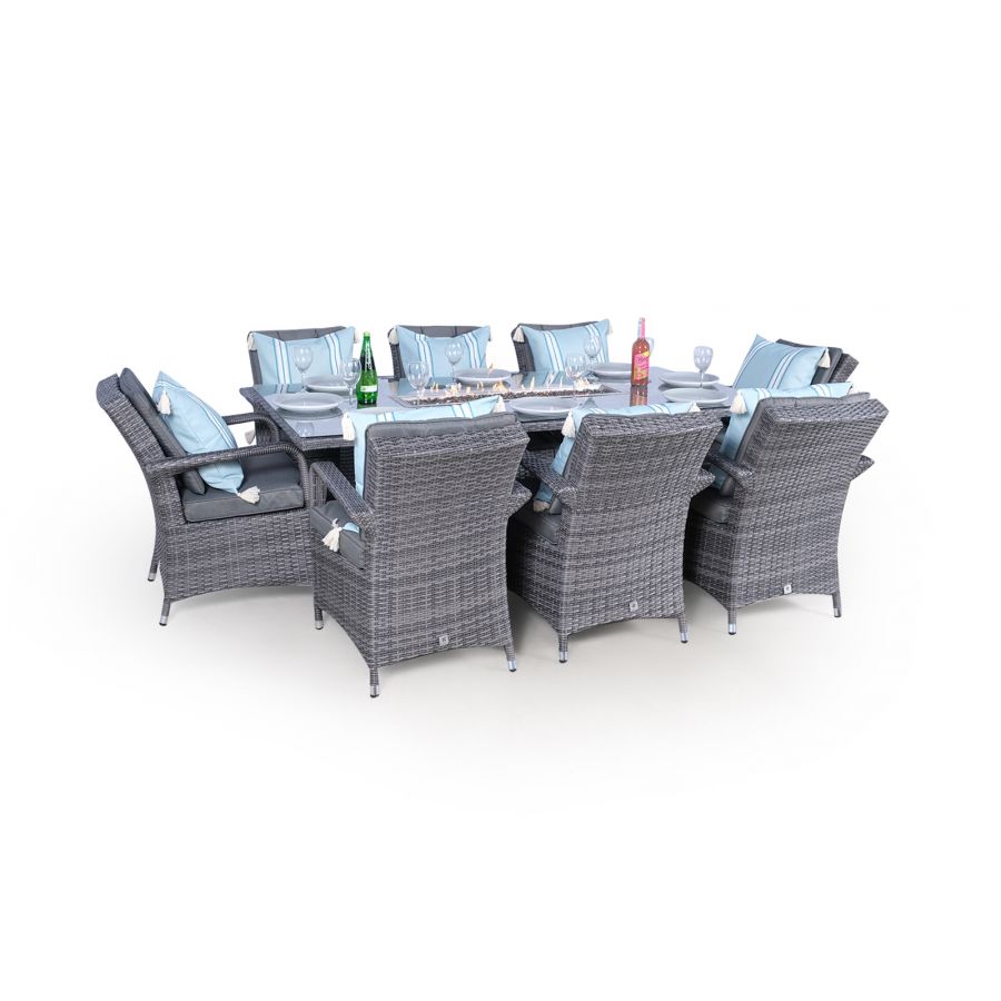 Arizona Fire Pit 8 Seater Rectangle Rattan Dining Set - Grey