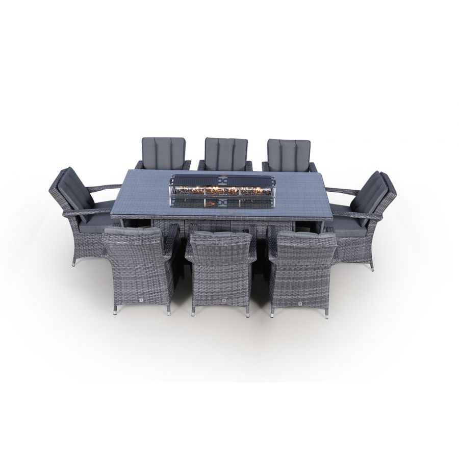 Arizona Fire Pit 8 Seater Rectangle Rattan Dining Set - Grey