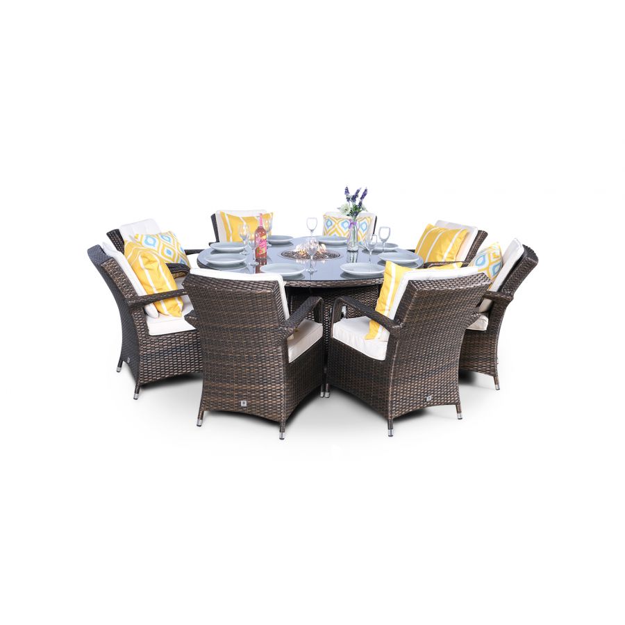 Arizona Fire Pit 8 Seater Round Rattan Dining Set - Brown