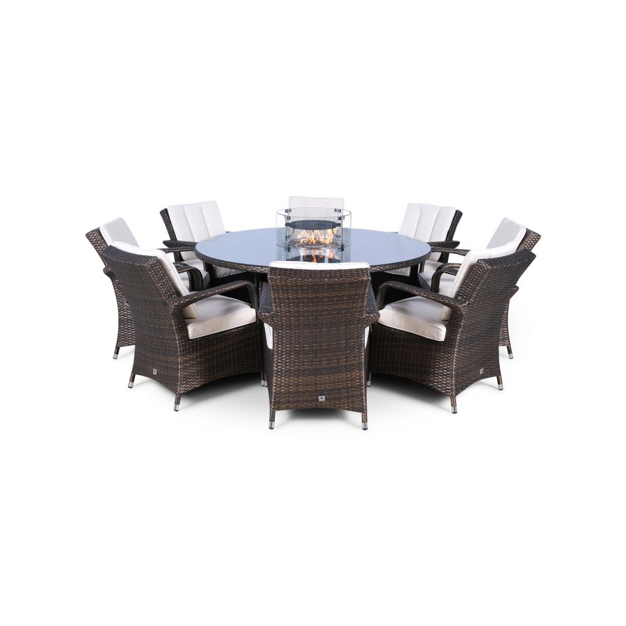 Arizona Fire Pit 8 Seater Round Rattan Dining Set - Brown