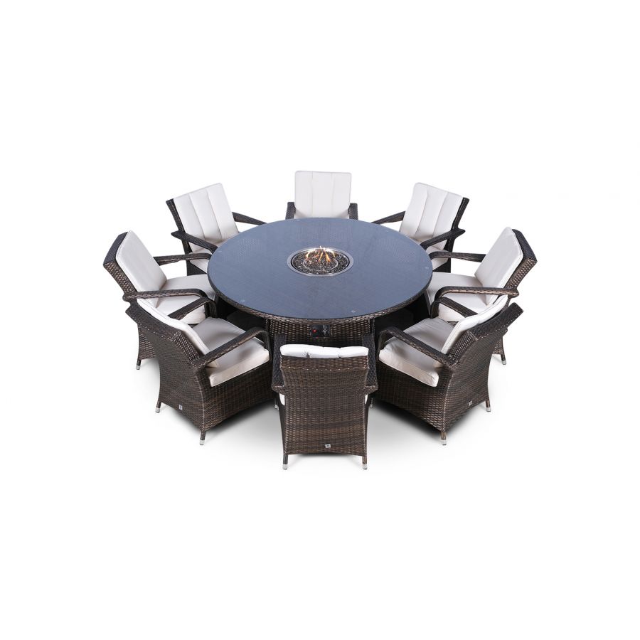 Arizona Fire Pit 8 Seater Round Rattan Dining Set - Brown