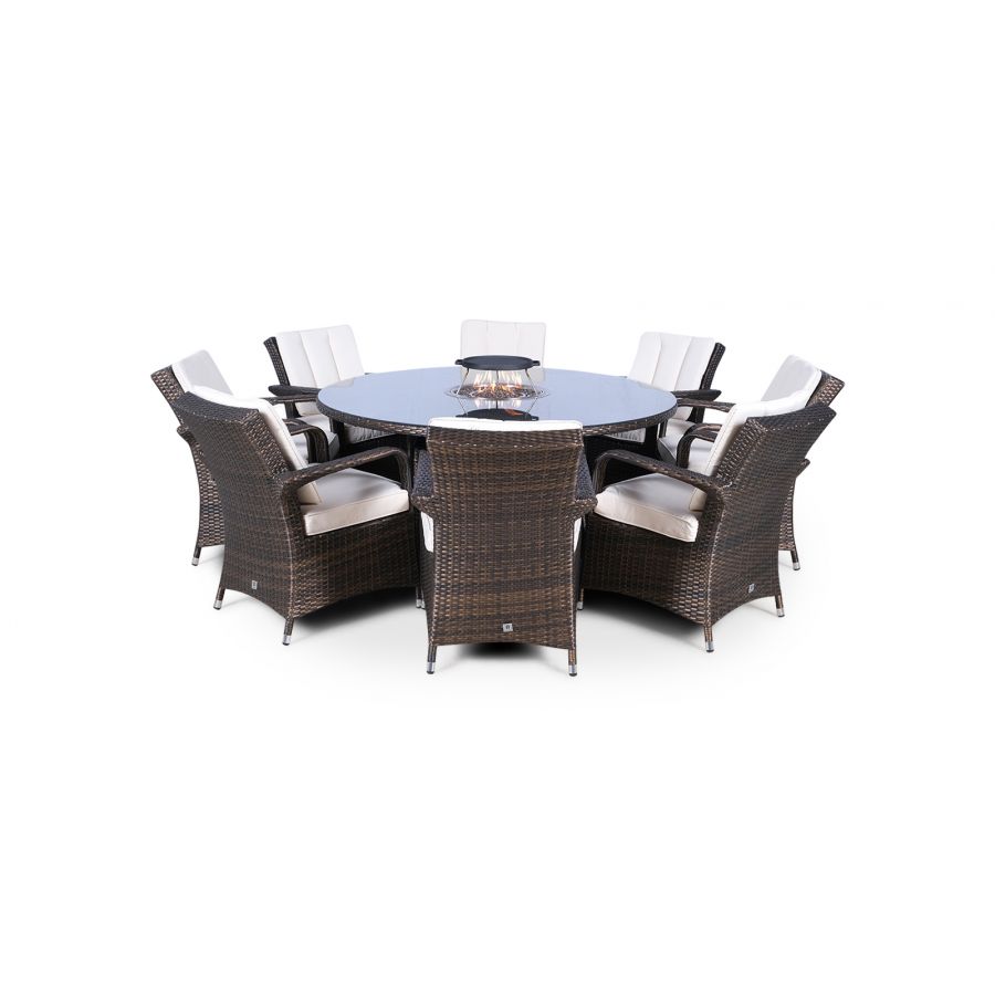 Arizona Fire Pit 8 Seater Round Rattan Dining Set - Brown