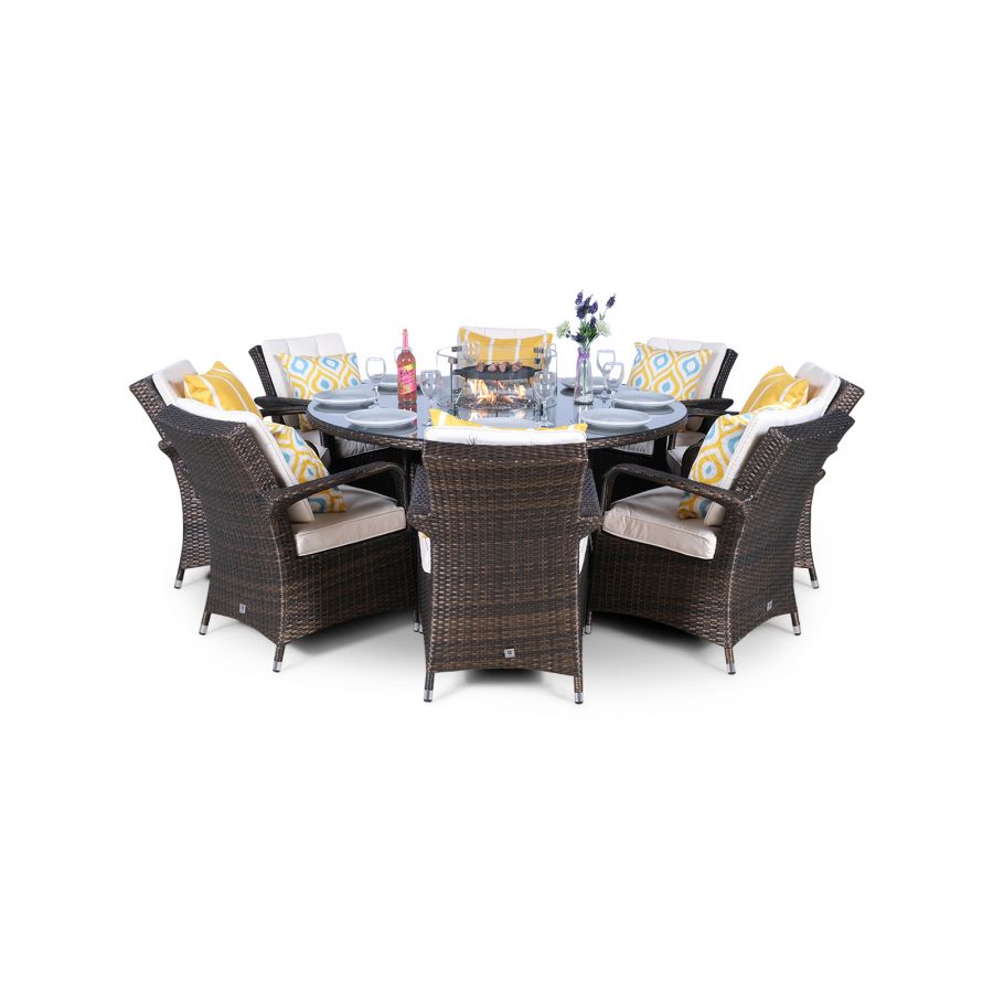 Arizona Fire Pit 8 Seater Round Rattan Dining Set - Brown