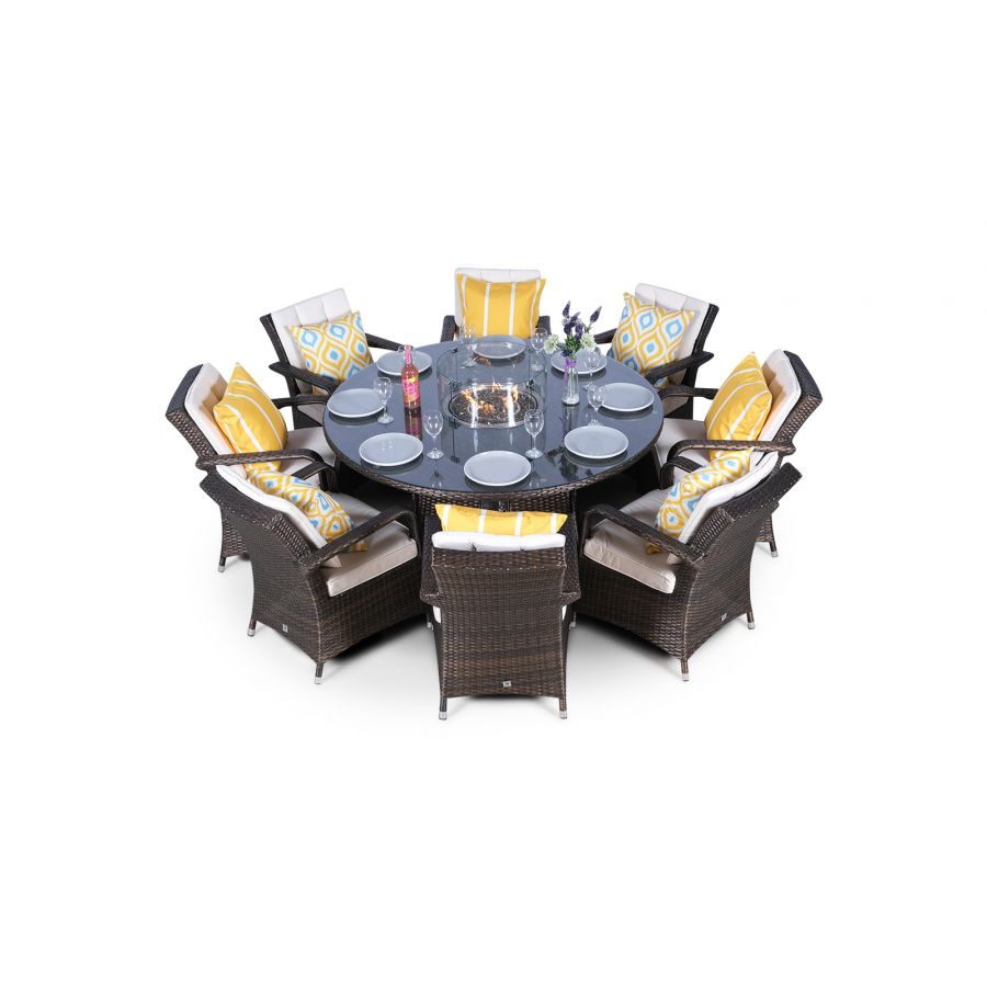 Arizona Fire Pit 8 Seater Round Rattan Dining Set - Brown