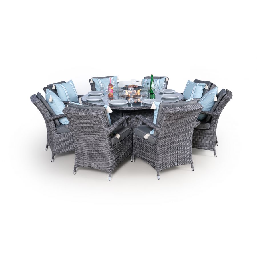 Arizona Fire Pit 8 Seater Round Rattan Dining Set Grey Oak