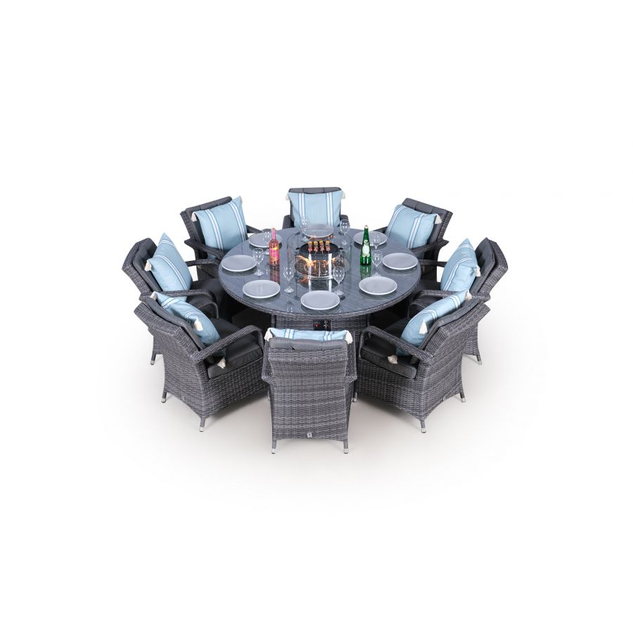 Arizona Fire Pit 8 Seater Round Rattan Dining Set - Grey