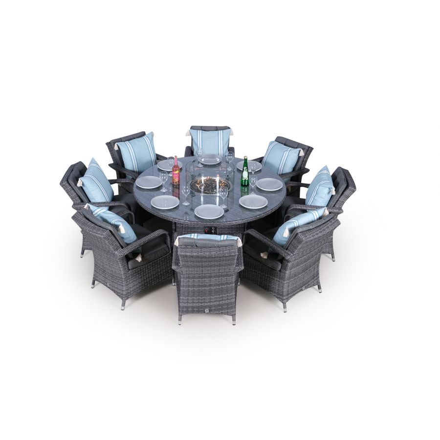 Arizona Fire Pit 8 Seater Round Rattan Dining Set - Grey