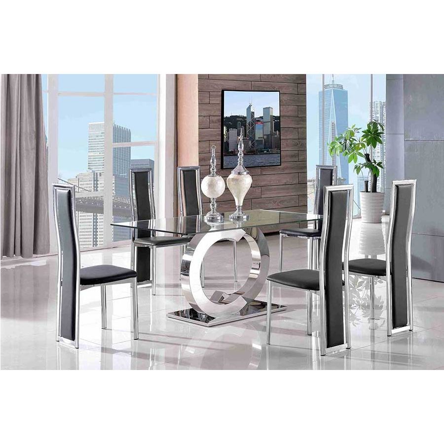 Channel Glass Dining Table 4 Elsa Black Leather Chairs