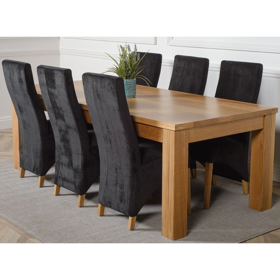 Dakota Extra Large Oak Dining Table with 6 Lola Black Fabric Chairs ...