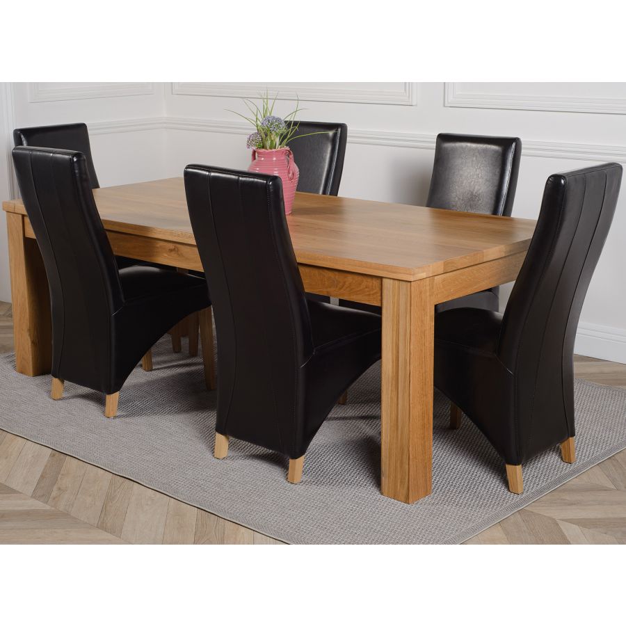 Dakota Extra Large Oak Dining Table with 6 Lola Black Leather Chairs ...