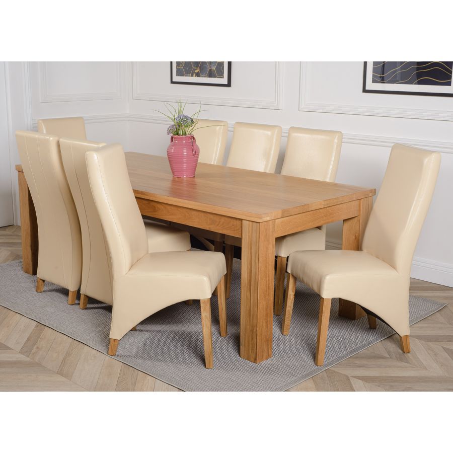 Dakota Extra Large Oak Dining Table with 8 Lola Ivory Leather Chairs ...