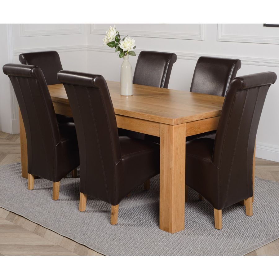 Dakota Large Oak Dining Table with 6 Montana Brown Leather Chairs | Oak ...