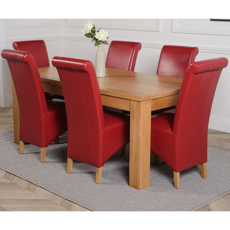 Dakota Large Oak Dining Table with 6 Montana Burgundy Leather Chairs