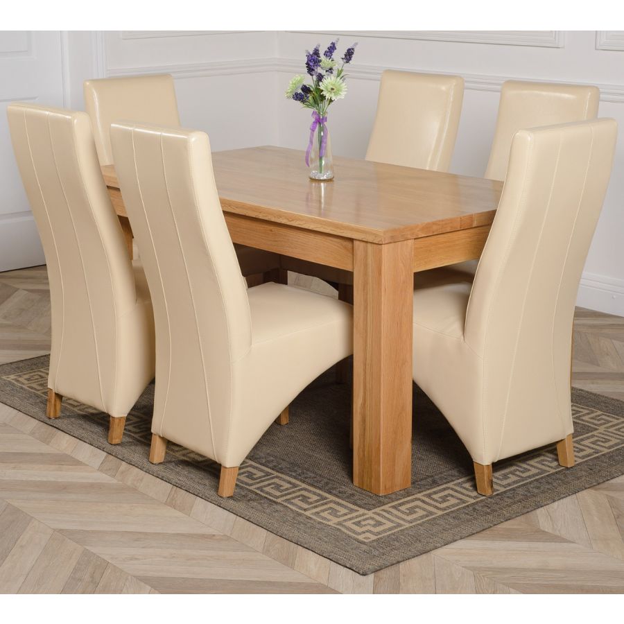 Dakota Medium Oak Dining Table With 6, Ivory Leather Chairs