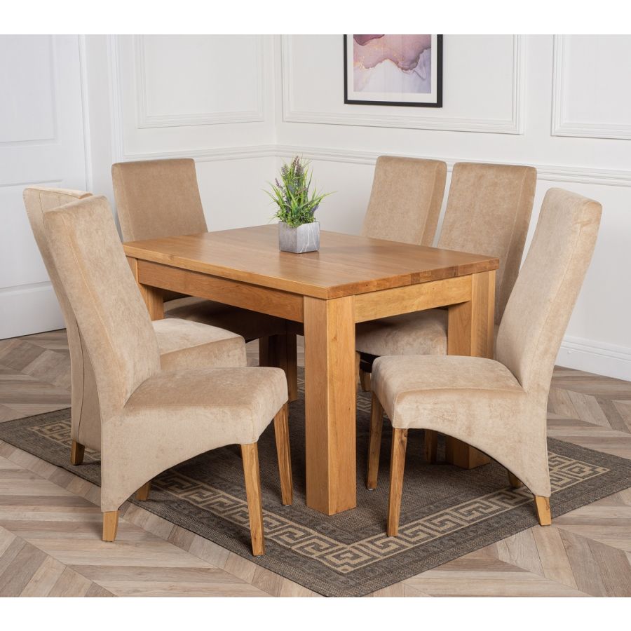 Dakota Small Oak Dining Table With 6 Lola Beige Fabric Chairs Oak