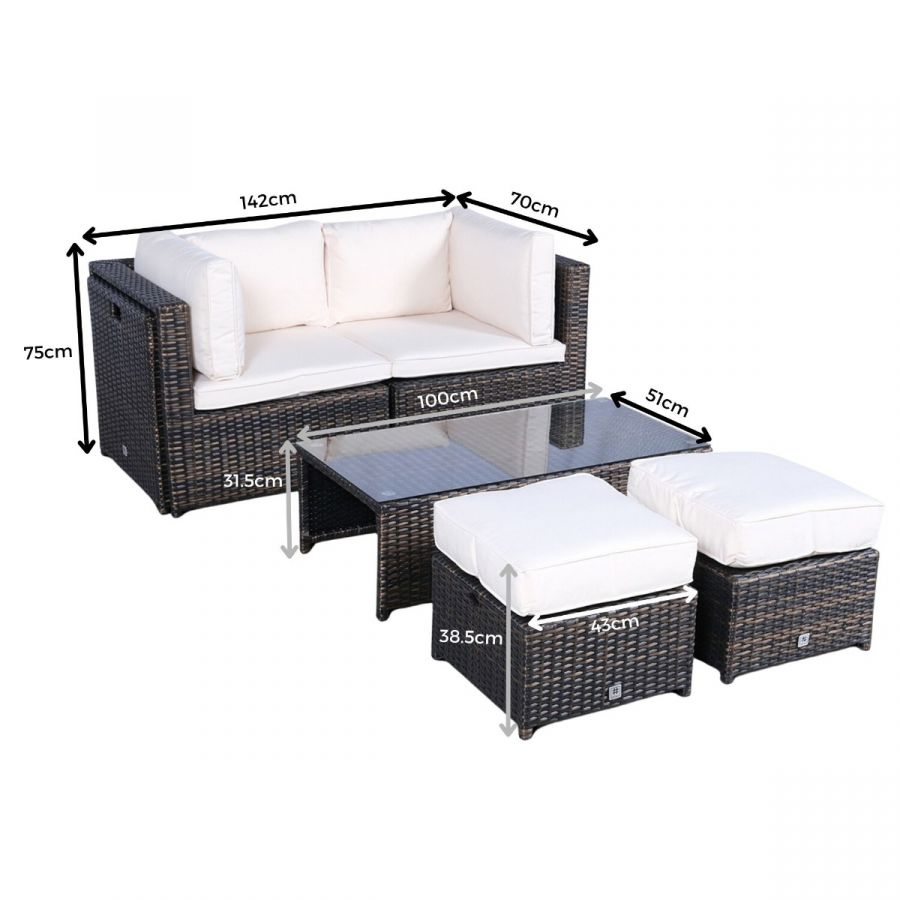 Amalfi 6 Seat Rattan Garden Sofa Set with Coffee Table and 2 Stools - Brown