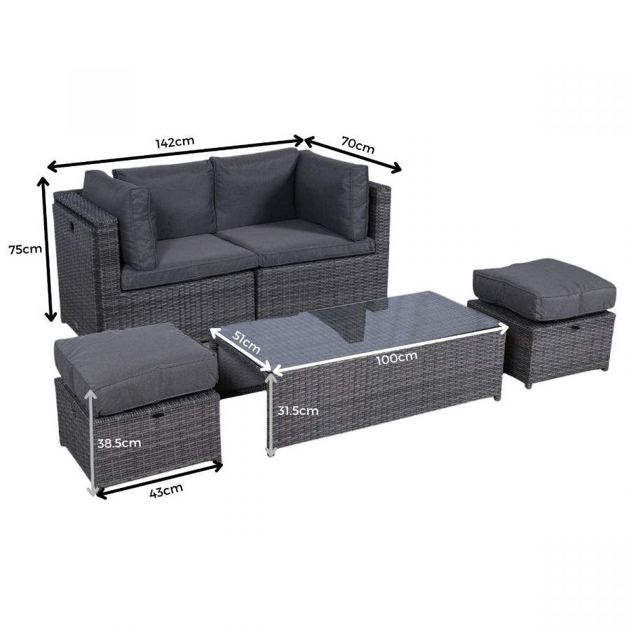 Amalfi 6 Seat Rattan Garden Sofa Set with Coffee Table and 2 Stools - Grey