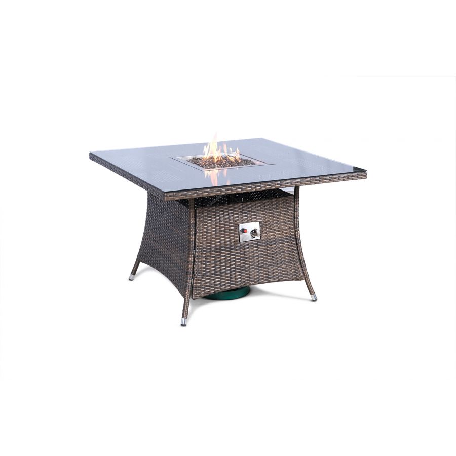 Savannah Fire Pit 4 Seater Square Rattan Dining Set - Brown