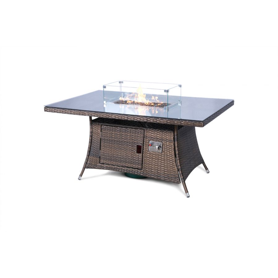 Savannah Fire Pit 6 Seater Rectangle Rattan Dining Set - Brown