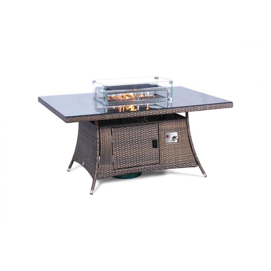 Savannah Fire Pit 6 Seater Rectangle Rattan Dining Set - Brown