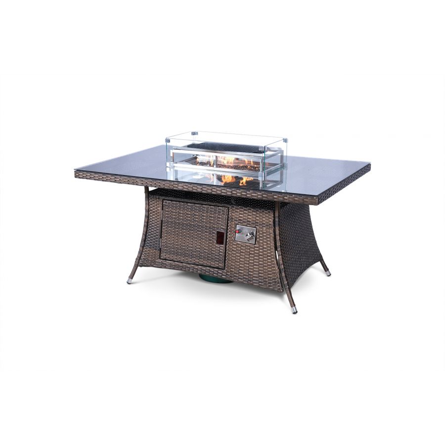 Arizona Fire Pit 6 Seater Rectangle Rattan Dining Set - Brown