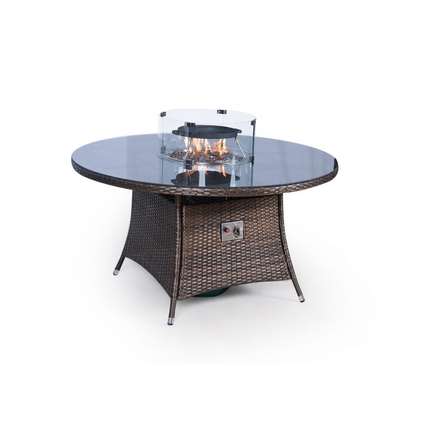 Savannah Fire Pit 6 Seater Round Rattan Dining Set - Brown