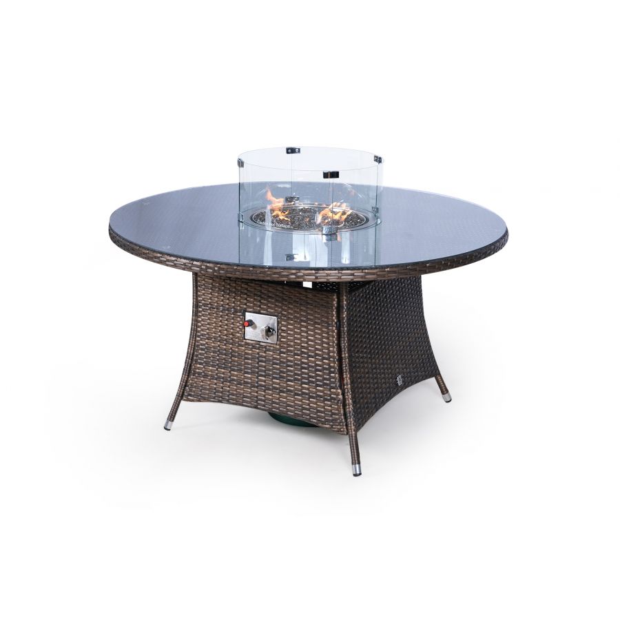 Savannah Fire Pit 6 Seater Round Rattan Dining Set - Brown