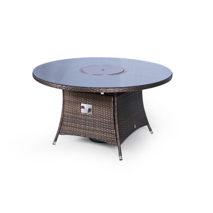 Savannah Fire Pit 6 Seater Round Rattan Dining Set - Brown
