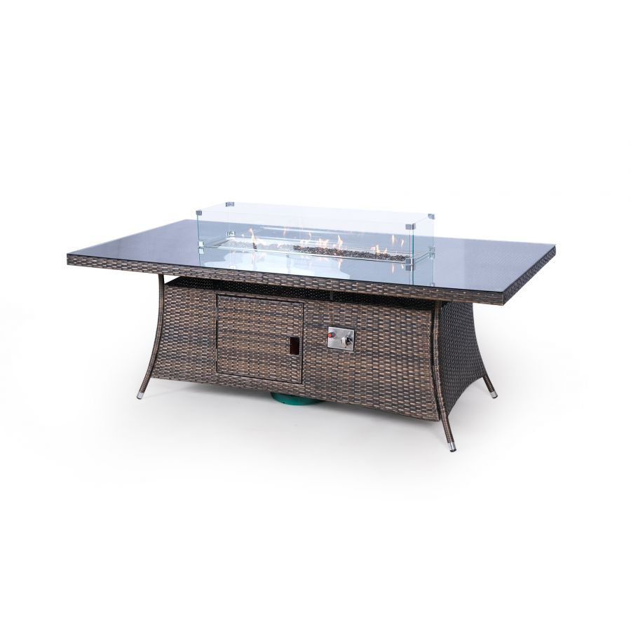 Savannah Fire Pit 8 Seater Rectangle Rattan Dining Set - Brown