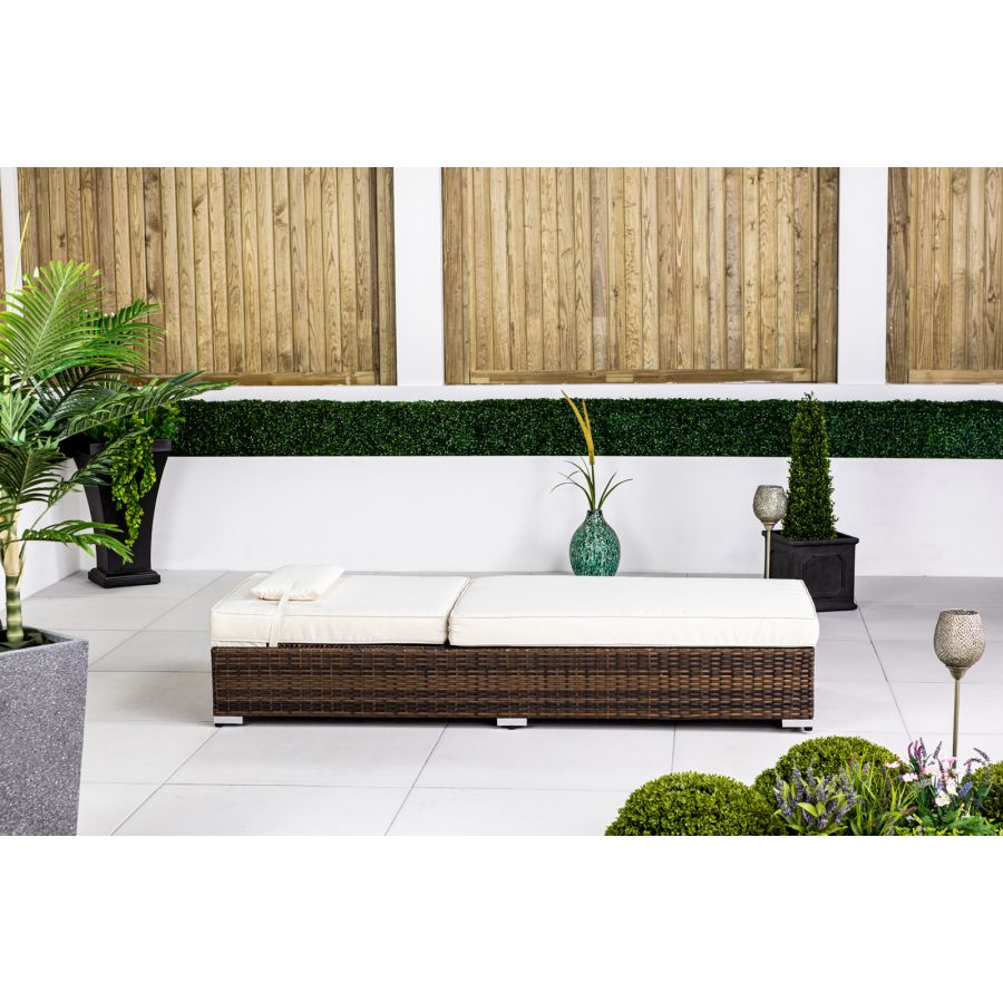 2 x Rattan Garden Sunloungers & Side Table - Brown