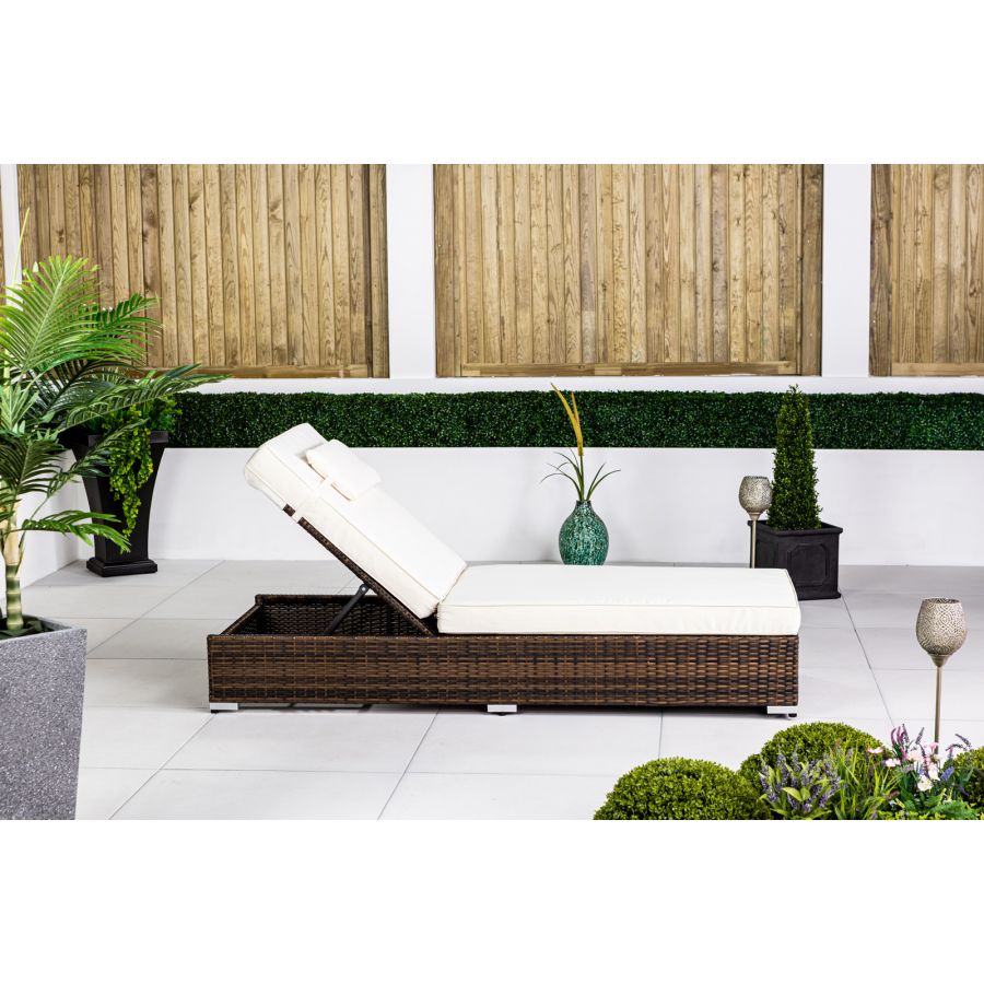 2 x Rattan Garden Sunloungers & Side Table - Brown
