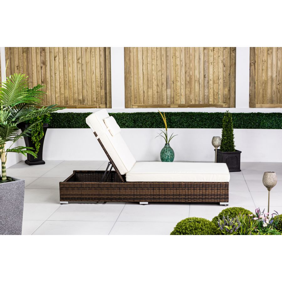 2 x Rattan Garden Sunloungers & Side Table - Brown