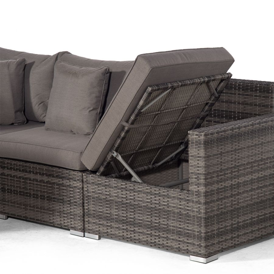 Santorini L Shape Modular 6 Seat Rattan Corner Sofa Set With Large Drinks Cooler Coffee Table & Daybed Ottoman - Grey
