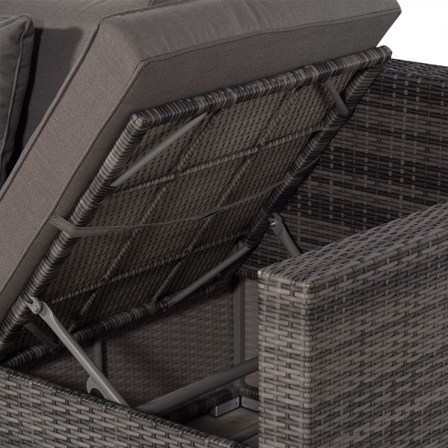 Santorini L Shape Modular 6 Seat Rattan Corner Sofa Set With Large Drinks Cooler Coffee Table & Daybed Ottoman - Grey