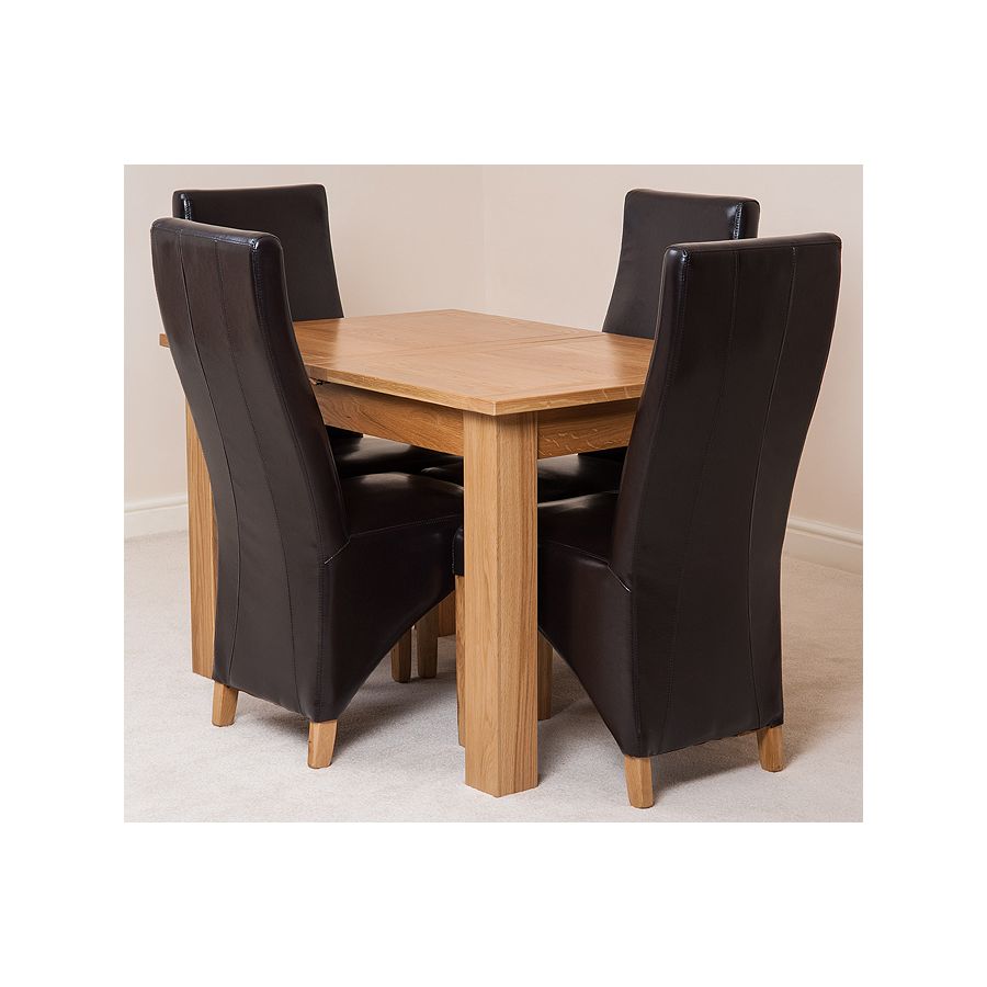 Hampton Small Oak Extending Dining Table with 4 Lola Brown Leather Chairs